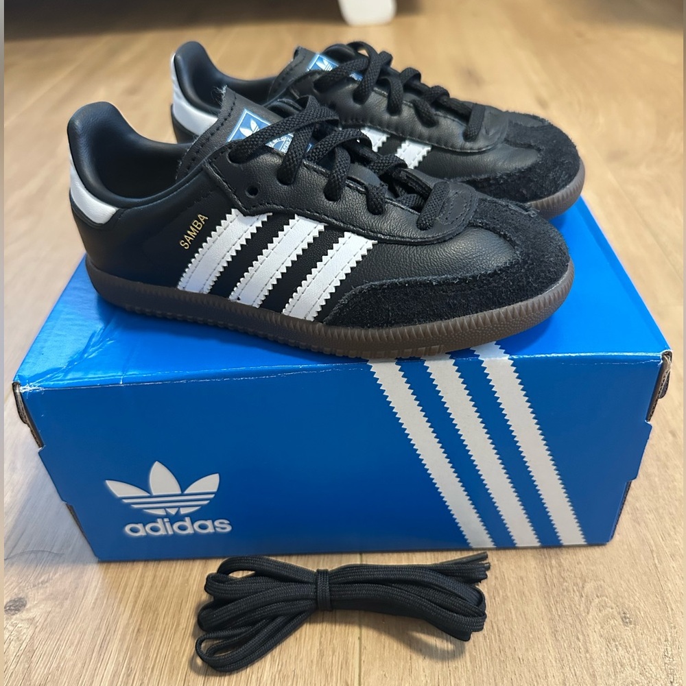 adidas Kids Samba Sneaker in Black with White Stripes